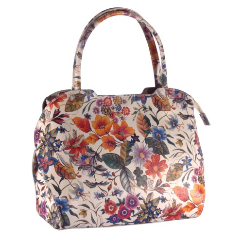 Geanta piele alba cu imprimeu floral GF014
