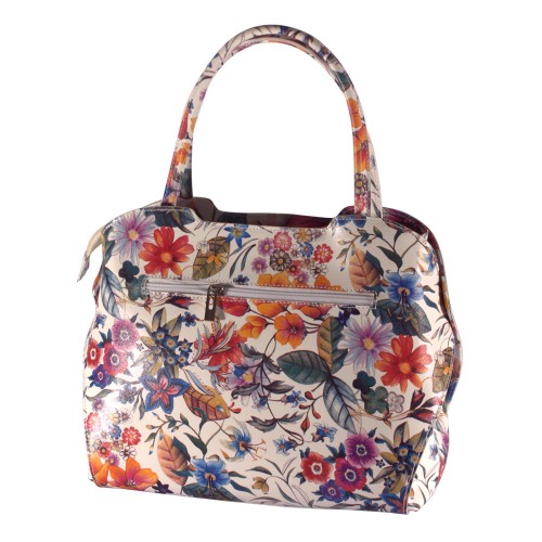 Geanta piele alba cu imprimeu floral GF014