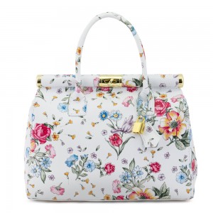 Geanta piele alba cu imprimeu floral GF144