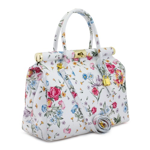 Geanta piele alba cu imprimeu floral GF144
