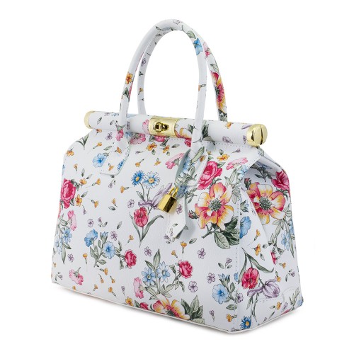 Geanta piele alba cu imprimeu floral GF144