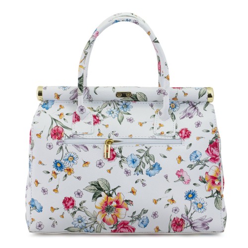 Geanta piele alba cu imprimeu floral GF144