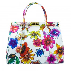 Geanta piele alba cu imprimeu floral GF162
