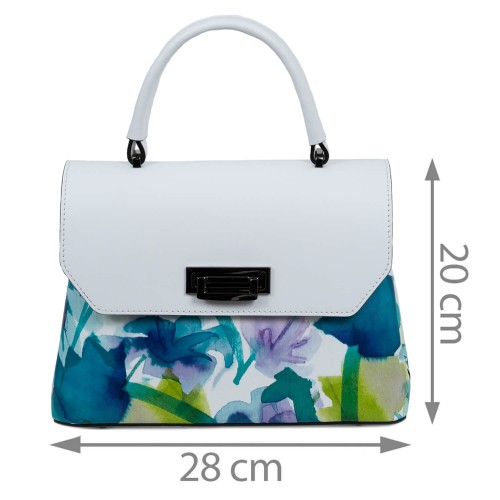 Geanta piele alba imprimeu floral turcoaz GF1658
