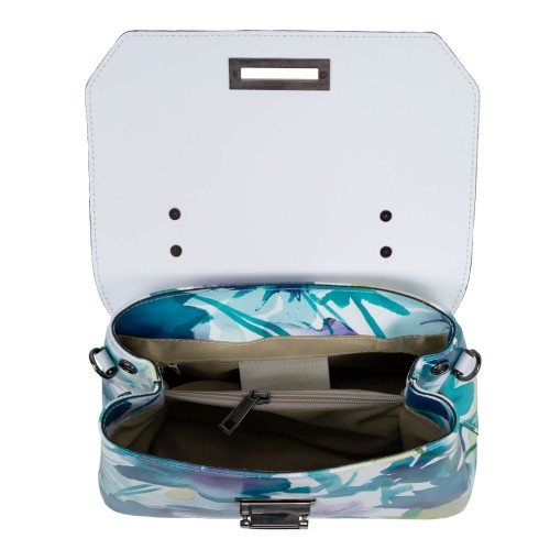 Geanta piele alba imprimeu floral turcoaz GF1658