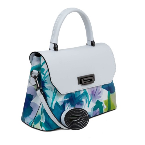 Geanta piele alba imprimeu floral turcoaz GF1658