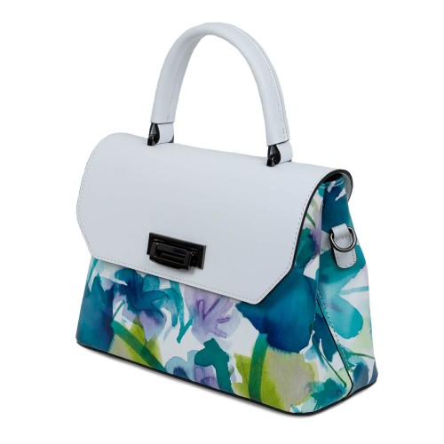 Geanta piele alba imprimeu floral turcoaz GF1658