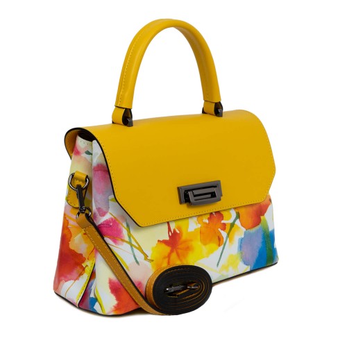 Geanta piele galbena imprimeu floral portocaliu GF1660