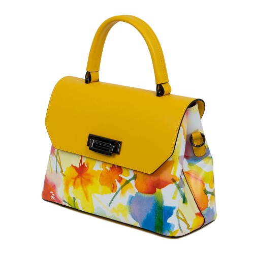 Geanta piele galbena imprimeu floral portocaliu GF1660