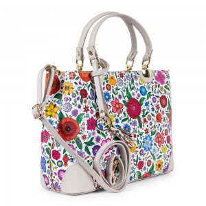 Geanta piele bej imprimeu floral GF1720