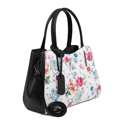 Geanta piele imprimeu floral alb/negru GF1773