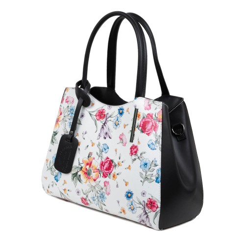 Geanta piele imprimeu floral alb/negru GF1773
