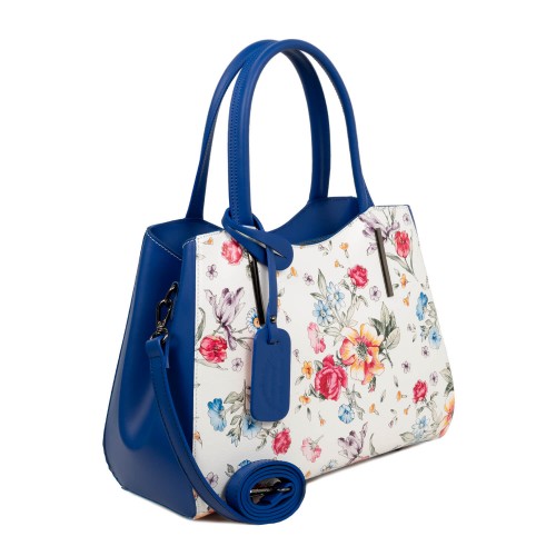 Geanta piele imprimeu floral alb/albastru GF1774