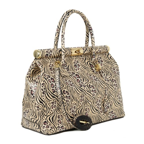 Geanta piele animal print bej negru GF2125