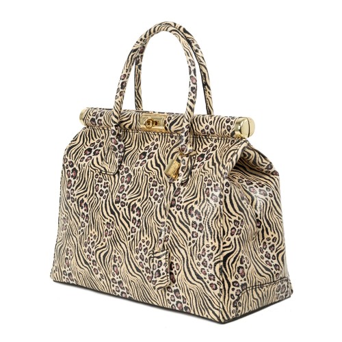 Geanta piele animal print bej negru GF2125