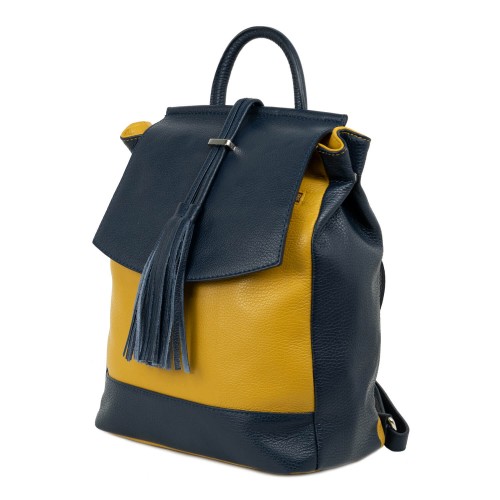 Rucsac piele bleumarin galben mustar cu ciucuri GF2158