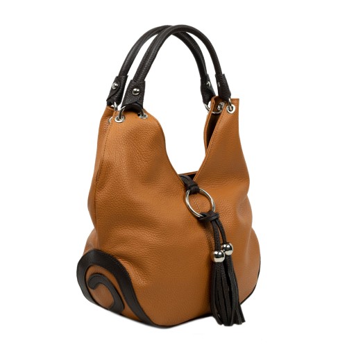 Geanta piele maro camel cu ciucuri GF265