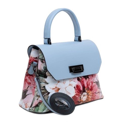 Geanta piele albastru deschis imprimeu floral GF3095