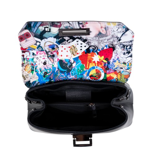 Geanta piele neagra imprimeu multicolor GF3098
