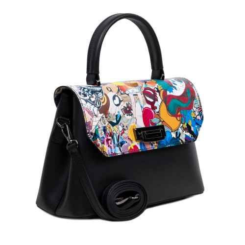 Geanta piele neagra imprimeu multicolor GF3098
