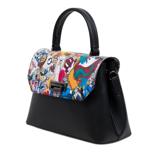 Geanta piele neagra imprimeu multicolor GF3098