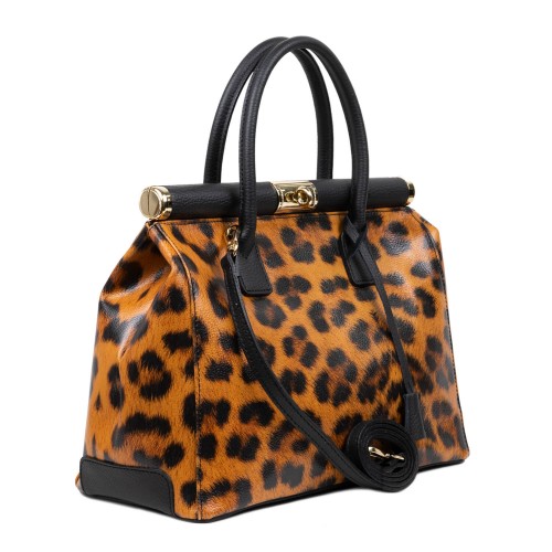 Geanta piele neagra imprimeu animal print GF3169
