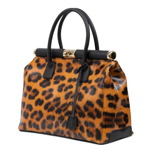 Geanta piele neagra imprimeu animal print GF3169