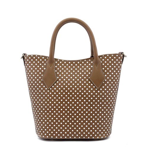 Geanta piele cafenie cu buline albe GF377