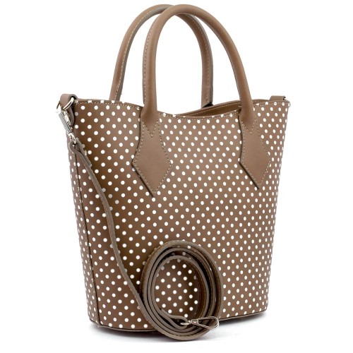 Geanta piele cafenie cu buline albe GF377