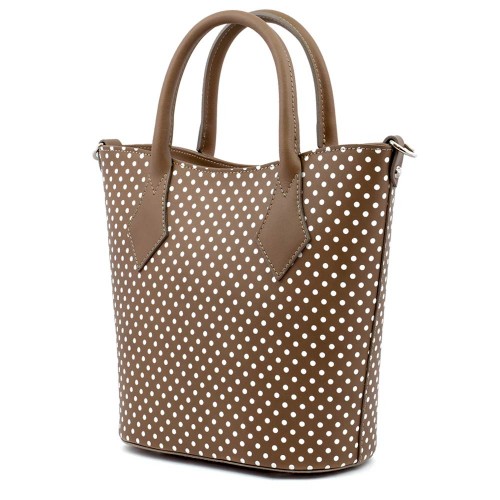 Geanta piele cafenie cu buline albe GF377