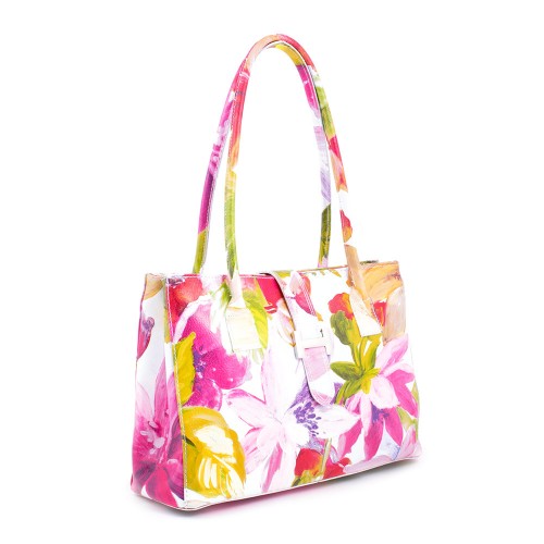 Geanta piele alba cu imprimeu floral GF470