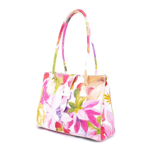 Geanta piele alba cu imprimeu floral GF470