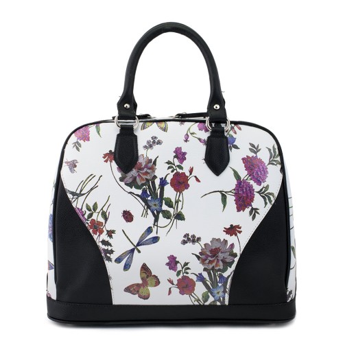 Geanta piele negru/ alb cu imprimeu floral GF476