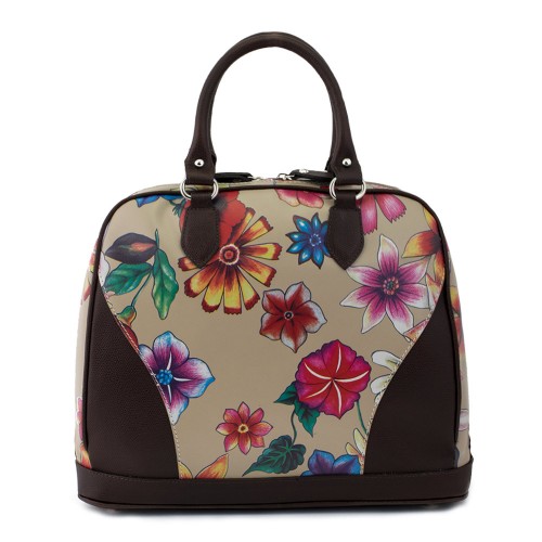 Geanta piele maro/crem cu imprimeu floral GF477