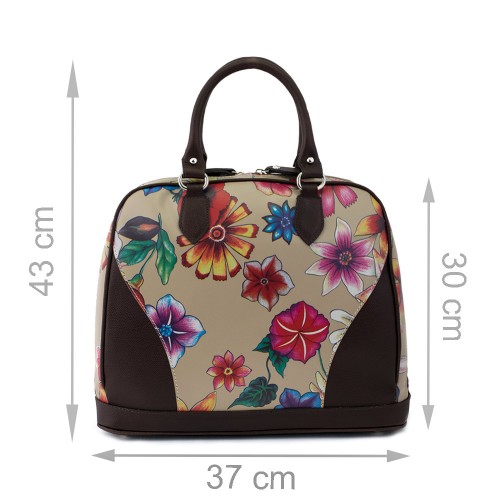 Geanta piele maro/crem cu imprimeu floral GF477