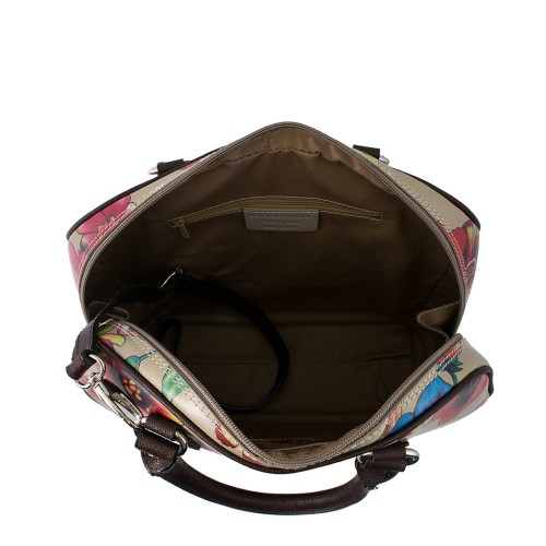 Geanta piele maro/crem cu imprimeu floral GF477