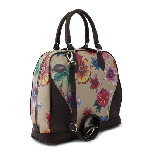 Geanta piele maro/crem cu imprimeu floral GF477