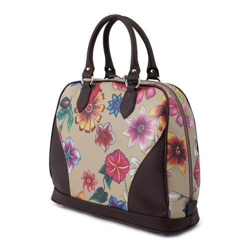 Geanta piele maro/crem cu imprimeu floral GF477