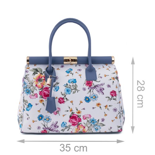 Geanta piele alb/ albastru prafuit cu imprimeu floral GF491