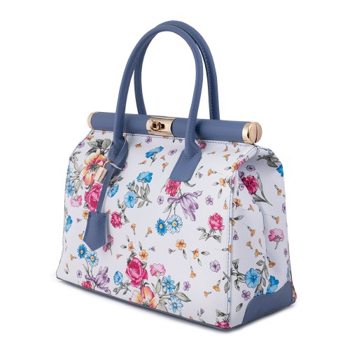 Geanta piele alb/ albastru prafuit cu imprimeu floral GF491