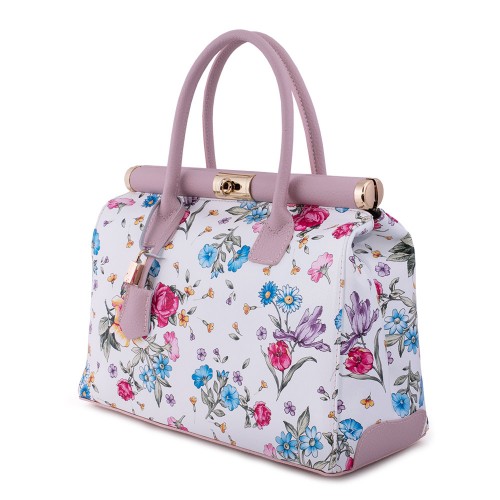 Geanta piele alb/ roz prafuit cu imprimeu floral GF492