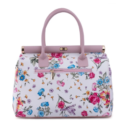 Geanta piele alb/ roz prafuit cu imprimeu floral GF492