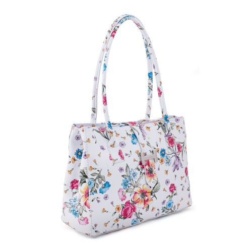 Geanta piele alba cu imprimeu floral GF496