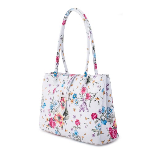 Geanta piele alba cu imprimeu floral GF496