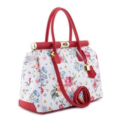 Geanta piele alb/ rosu cu imprimeu floral GF508