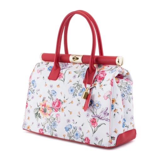Geanta piele alb/ rosu cu imprimeu floral GF508