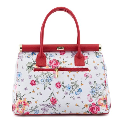 Geanta piele alb/ rosu cu imprimeu floral GF508