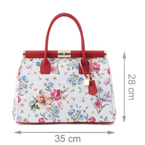 Geanta piele alb/ rosu cu imprimeu floral GF508