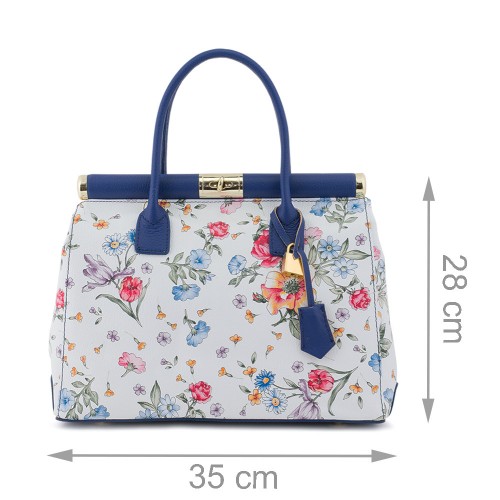 Geanta piele alb/ albastru cu imprimeu floral GF509
