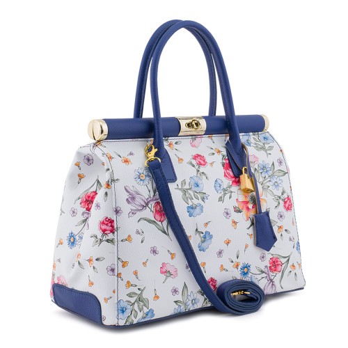 Geanta piele alb/ albastru cu imprimeu floral GF509